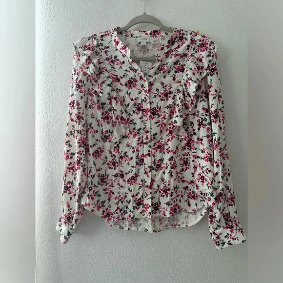 J Crew chic feminine long sleeve floral ruffle top size XS button front - Picture 5 of 16
